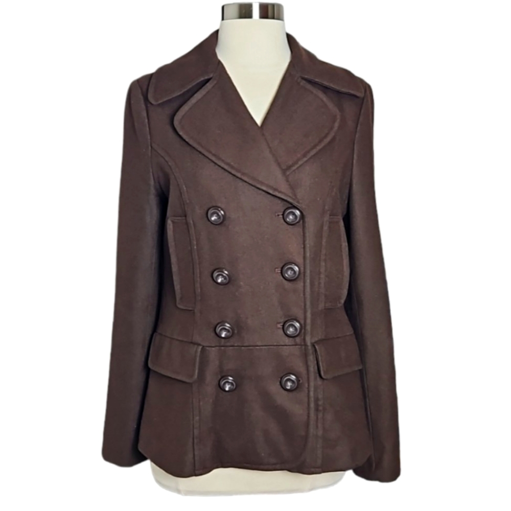 Tulle Wool Double Breasted Pea Coat Brown